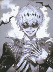  1boy absurdres ahoge bat_(animal) bat_wings bishounen black_crown colored_skin crown formal halloween hand_on_own_chest highres jack_skellington jacket long_sleeves male_focus moony_(mogmogmelt) orange_eyes pinstripe_pattern pinstripe_suit round_eyewear short_hair skeleton skeleton_print smile smirk solo stitches striped_clothes striped_jacket suit sunglasses the_nightmare_before_christmas twisted_wonderland white_hair white_skin wings 