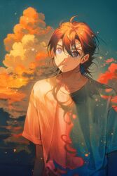  1boy absurdres ajiro_shinpei black_hair blue_eyes blue_sky clouds collarbone commentary_request hair_between_eyes highres messy_hair outdoors parted_lips shirt short_hair short_sleeves sky solo summertime_render sunset tidsean white_shirt 