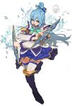  1girl :d absurdres aqua_(konosuba) b9_(rrrqqq) bare_shoulders black_footwear blue_eyes blue_hair blue_skirt blush boots bow bowtie chibi chibi_inset detached_sleeves full_body green_bow green_bowtie hair_between_eyes hair_ornament hair_rings hand_fan highres holding kono_subarashii_sekai_ni_shukufuku_wo! long_hair looking_at_viewer open_mouth simple_background single_hair_ring skirt smile solo standing standing_on_one_leg thigh-highs thighhighs_under_boots water white_background white_thighhighs 