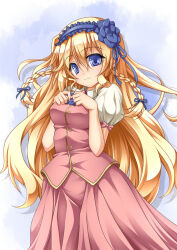  1girl :3 blonde_hair blue_eyes braid breasts castlevania:_rondo_of_blood castlevania_(series) dress hair_ribbon hairband long_hair looking_at_viewer maria_renard pink_dress ribbon roura skirt smile solo twin_braids very_long_hair 