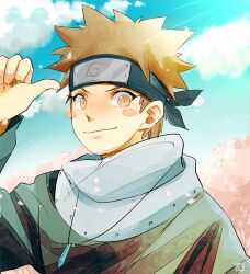  1boy blush_stickers brown_eyes brown_hair child closed_mouth clouds cloudy_sky commentary_request crystal crystal_necklace day forehead_protector jewelry konohagakure_symbol male_focus naruto naruto_(series) nawaki_(naruto) necklace outdoors sevnst signature sky smile solo spiky_hair 