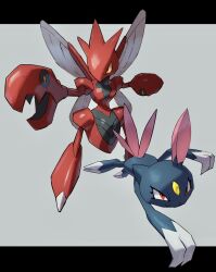  absurdres af_(afloatisland) closed_mouth eyelashes full_body grey_background highres looking_ahead no_humans pokemon pokemon_(creature) red_eyes scizor simple_background smile sneasel yellow_eyes 