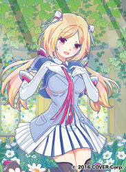  1girl aki_rosenthal aki_rosenthal_(1st_costume) blonde_hair bob_cut breasts detached_hair dress elbow_gloves gloves hair_ornament headgear hiro046k hololive jacket long_hair looking_at_viewer low_twintails necktie open_mouth parted_bangs red_necktie short_hair short_sleeves solo twintails violet_eyes virtual_youtuber white_gloves 