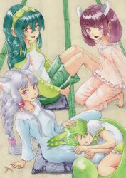  4girls :3 :d animal_ear_fluff animal_ears artist_name barefoot beads blue_dress blue_hair braid braided_ponytail closed_eyes closed_mouth crossed_bangs cushion dress fox_ears fox_girl green_hair green_shorts grey_hair hair_beads hair_between_eyes hair_ornament hair_scrunchie hand_on_another&#039;s_head highres lap_pillow long_hair long_sleeves low_ponytail medium_hair multiple_girls open_mouth painting_(medium) pants pink_eyes pink_pants pink_scrunchie pink_shirt puffy_short_sleeves puffy_sleeves purple_hair raglan_sleeves scrunchie shirt short_sleeves shorts siblings signature single_vertical_stripe sisters sitting sleeping smile tatami touhoku_itako touhoku_kiritan touhoku_zunko traditional_media uryan! voiceroid voicevox watercolor_(medium) yellow_eyes zabuton zundamon 