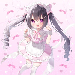  1girl animal_ear_fluff animal_ears ankle_strap apron black_hair blush bow bowtie cat_ears cat_girl cat_tail cleavage_cutout clothing_cutout collar dress feet_out_of_frame flat_chest frilled_apron frilled_collar frilled_dress frilled_wrist_cuffs frills gradient_background hair_ornament hair_ribbon hairclip hands_up heart highres long_hair looking_at_viewer maid maid_headdress momochi_chia open_mouth original paw_pose petite pink_background pink_bow pink_bowtie pink_dress pink_ribbon puffy_short_sleeves puffy_sleeves ribbon ringlets short_dress short_sleeves solo standing tail thigh-highs twintails very_long_hair violet_eyes waist_apron white_apron white_collar white_tail white_thighhighs white_wrist_cuffs wrist_cuffs x_hair_ornament zettai_ryouiki 