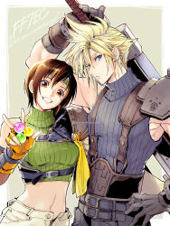  1boy 1girl blonde_hair blue_eyes brown_eyes brown_hair cloud_strife final_fantasy final_fantasy_vii fingerless_gloves gloves green_vest hand_on_own_hip highres holding holding_sword holding_weapon looking_at_viewer midriff orange_gloves sweater_vest sword tak_(karasuki) vest weapon yuffie_kisaragi 