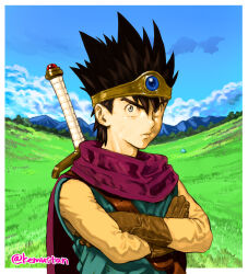  1boy black_hair blue_sky cape circlet crossed_arms dragon_quest dragon_quest_iii gloves grass grey_eyes hero_(dq3) highres looking_at_viewer male_focus mountainous_horizon outdoors sky solo sonomoto_shinzou_(natsume_kyouji) spiky_hair staring sword sword_on_back upper_body weapon weapon_on_back 