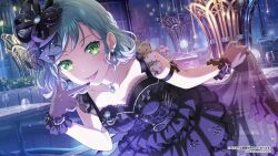  1girl aqua_hair arm_ribbon artist_request bang_dream! bead_bracelet bead_necklace beads black_bow black_dress black_hat black_nails black_ribbon black_wrist_cuffs booth_seating bow bow_earrings bracelet braid collarbone copyright_notice cross-laced_clothes cross-laced_dress cup dot_nose dress drinking_glass earrings eyelashes floral_print formal frilled_dress frilled_wrist_cuffs frills gloves green_eyes grey_gloves hat hat_ribbon highres hikawa_hina indoors jewelry layered_dress leaning_forward light_blush light_particles long_dress mini_hat nail_polish necklace night official_alternate_costume official_art open_mouth polka_dot polka_dot_dress restaurant ribbon rose_print second-party_source see-through_clothes see-through_dress_layer see-through_gloves short_hair side_braid single_braid sleeveless sleeveless_dress smile solo sparkle table tongue wine_glass wrist_cuffs 