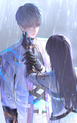  1boy 1girl absurdres black_gloves blue_eyes brown_hair closed_mouth couple cowboy_shot expressionless gloves grey_hair highres holding_another&#039;s_wrist lips long_hair long_sleeves looking_at_another love_and_deepspace outdoors protagonist_(love_and_deepspace) pupu_yuanwei_pu_pu rain short_hair water_drop weibo_logo weibo_watermark xavier_(love_and_deepspace) 