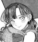  1girl absurdres alena_(dq4) blush close-up curly_hair dragon_quest dragon_quest_iv earrings greyscale hat highres jewelry long_hair looking_at_viewer monochrome okita_(sukult_4) sketch smile solo 