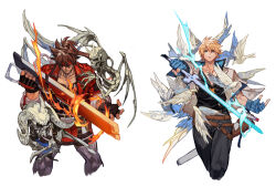  2boys belt bird black_shirt blonde_hair blue_gloves brown_hair cowboy_shot dove electricity feathers fingerless_gloves gloves guilty_gear guilty_gear_strive hankuri headband high_ponytail holding holding_sword holding_weapon jacket ky_kiske long_hair male_focus multiple_boys open_clothes open_jacket red_headband red_jacket shirt short_hair simple_background skull sol_badguy sword weapon white_background white_feathers 