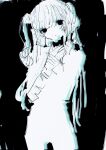  1girl absurdres black_background closed_mouth cowboy_shot empty_eyes expressionless hand_up highres long_hair looking_at_viewer monochrome noroi_(rnatataki) original simple_background solo standing twintails 