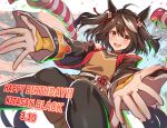  1girl absurdres ahoge animal_ears black_hair black_thighhighs breasts dated hair_between_eyes hair_ornament happy_birthday highres horse_ears horse_girl horse_tail kitasan_black_(umamusume) knees_together_feet_apart long_sleeves looking_at_viewer multicolored_hair open_mouth orange_eyes outstretched_arms reon_(dainagon_azuki) ribbon short_hair solo spread_arms streaked_hair tail thigh-highs umamusume white_hair white_ribbon wide_sleeves 
