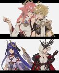  1boy 3girls aether_(genshin_impact) ahoge animal_ears bare_shoulders blonde_hair blue_eyes capelet closed_mouth earrings fake_horns fur-trimmed_capelet fur_trim genshin_impact hair_between_eyes hair_down hair_ornament hand_on_another&#039;s_shoulder hand_up highres horns japanese_clothes jewelry joints long_hair looking_at_viewer mitsudomoe_(shape) multiple_girls one_eye_covered open_mouth pendant pink_hair pointing purple_hair raiden_shogun raiden_shogun_(magatsu_mitake_narukami_no_mikoto) robot_joints signora_(genshin_impact) simple_background single_earring standing sweatdrop tomoe_(symbol) violet_eyes yae_miko yellow_eyes yuyouxing 
