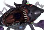  armagemon bakeneko38 black_skin colored_skin commentary_request digimon digimon_(creature) green_eyes highres monster multiple_legs open_mouth sharp_teeth simple_background teeth tongue white_background 