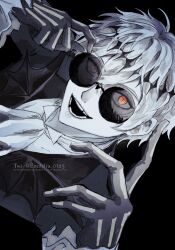  1boy bat_wings black_crown crown emily_liu formal halloween highres jack_skellington jacket long_sleeves male_focus open_mouth orange_eyes pinstripe_pattern pinstripe_suit round_eyewear short_hair skeleton skeleton_print smile solo stitches striped_clothes striped_jacket suit the_nightmare_before_christmas twisted_wonderland twitter_username upper_body white_hair wings 
