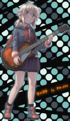  1girl antenna_hair artist_name bike_shorts black_footwear black_jacket black_shorts black_socks boots collared_shirt commentary_request drawstring full_body green_eyes grin guitar hair_between_eyes holding holding_instrument hood hood_down hooded_jacket instrument jacket koshirae_tsurugi_(m.m) light_brown_hair long_sleeves low_ponytail m.m necktie original pleated_skirt ponytail purple_skirt red_necktie shirt shorts shorts_under_skirt skirt sleeves_past_wrists smile socks solo standing white_shirt 