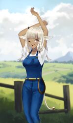  1girl alternate_costume animal_ears ash_(fire_emblem) black_horns breasts brown_eyes cow_ears cow_girl cow_horns cow_tail dark-skinned_female dark_skin fire_emblem fire_emblem_heroes highres horns large_breasts lilshironeko long_hair looking_at_viewer open_mouth smile tail 