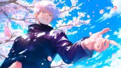  1boy black_jacket blue_eyes blue_sky cherry_blossoms clouds day falling_petals from_behind gojou_satoru jacket jujutsu_kaisen looking_at_viewer outstretched_arm parted_lips petals shibakawaiiii sky solo spring_(season) upper_body white_hair 