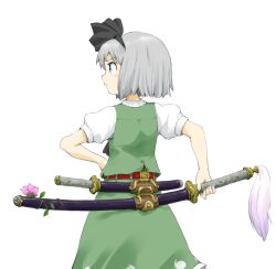  1girl black_hairband blue_eyes bob_cut bow closed_mouth commentary_request cowboy_shot determined drawing_sword flower from_behind grey_hair hairband hand_on_hilt highres hitodama_print holding holding_sword holding_weapon katana konpaku_youmu looking_to_the_side ohyo profile ribbon shirt short_sleeves simple_background skirt solo sword touhou vest wakizashi weapon white_background white_shirt 