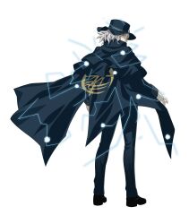  1boy anime_coloring ascot back_slit black_footwear blue_ascot blue_cape blue_capelet blue_cloak blue_hat blue_jacket blue_pants blue_sleeve_cuffs blue_sleeves blue_theme boater_hat buttoned_cuffs buttons cape capelet claw_pose cloak collar collared_capelet covered_mouth edmond_dantes_(fate) fate/grand_order fate_(series) fingernails floating_clothes formal game_cg grey_hair hair_over_one_eye hat highres jacket layered_clothes leg_up legs_apart lightning logo_print looking_back male_focus medium_hair melty_blood melty_blood:_type_lumina non-web_source o-ring_footwear official_art open_hands pale_skin pants print_cape profile simple_background sleeve_cuffs solo standing takeuchi_takashi transparent_background tsukihime tsukihime_(remake) type-moon wavy_hair white_collar yellow_eyes 