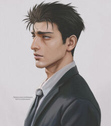  1boy artist_name black_coat black_hair black_necktie brown_eyes coat collared_shirt commentary english_commentary expressionless formal grey_background highres higuruma_hiromi instagram_username jujutsu_kaisen male_focus mature_male necktie parted_lips patreon_username portrait shirt simple_background solo suit teeth twitter_username urielbeaupre15 web_address white_shirt 