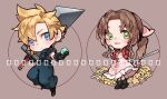  1boy 1girl aerith_gainsborough armor ball bangle belt blonde_hair blue_eyes blue_pants blue_shirt blush boots bracelet braid braided_ponytail brown_background brown_belt brown_hair buster_sword chibi cloud_strife dress earrings final_fantasy final_fantasy_vii final_fantasy_vii_remake flower full_body green_eyes hair_between_eyes hair_ribbon hand_on_own_cheek hand_on_own_face holding holding_ball holding_staff holding_sword holding_weapon ippus jacket jewelry lily_(flower) long_dress long_hair materia open_mouth pants parted_bangs pink_dress pink_ribbon red_jacket ribbon shirt short_hair shoulder_armor sidelocks single_braid single_earring smile spiky_hair staff suspenders sword weapon weapon_behind_back yellow_flower 
