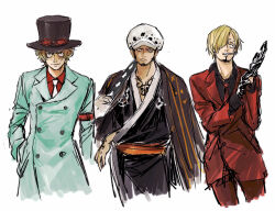  3boys adjusting_clothes adjusting_gloves black_gloves black_kimono black_shirt blonde_hair blue_coat chest_tattoo chief_(chiefvinsmoke) cigarette coat cowboy_shot curly_eyebrows facial_hair gloves goatee goggles goggles_on_head hand_tattoo haori hat japanese_clothes kimono looking_at_viewer looking_to_the_side male_focus multiple_boys necktie one_piece red_necktie red_suit sabo_(one_piece) sanji_(one_piece) sash scar scar_on_face shirt sideburns simple_background suit tattoo top_hat trafalgar_law white_background white_hat 