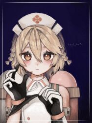  1girl :| adjusting_clothes adjusting_gloves bare_shoulders black_gloves blonde_hair braid buttons character_name closed_mouth double-parted_bangs gloves hair_between_eyes hands_up hat hatoda_(llilliillo) headset highres looking_at_viewer nurse nurse_cap nurse_robot_type_t orange_eyes short_hair side_braids solo straight-on tank_(container) two-tone_gloves utau white_gloves white_hat 