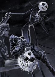  2boys absurdres aripyon bat_(animal) black_crown crown formal graveyard halloween hand_on_own_chest highres jack_skellington jacket long_sleeves lying male_focus moon multiple_boys night night_sky on_back open_mouth orange_eyes pinstripe_pattern pinstripe_suit round_eyewear short_hair skeleton skeleton_print sky smile stitches striped_clothes striped_jacket suit sunglasses the_nightmare_before_christmas twisted_wonderland white_hair 