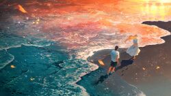  1boy 1girl ajiro_shinpei arms_behind_back beach black_hair blonde_hair dress facing_away floating_hair from_above highres kofune_ushio long_hair ocean outdoors reflection reflective_water scenery shirt shoes short_hair summertime_render sunset tidsean unworn_shoes walking water white_dress white_shirt wind 