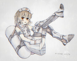  1girl :o absurdres black_gloves blonde_hair bone_71 braid buttons character_name chromatic_aberration collared_dress double-parted_bangs dress full_body gloves hair_between_eyes hat headset highres mechanical_legs nurse nurse_cap nurse_robot_type_t open_mouth orange_eyes painting_(medium) short_hair side_braids simple_background sleeveless sleeveless_dress solo stopwatch tank_(container) traditional_media two-tone_gloves utau watercolor_(medium) white_background white_dress white_gloves white_hat 