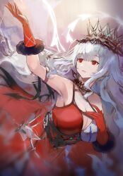  1girl arknights bare_shoulders crown dress fur-trimmed_gloves fur_trim gloves grey_hair hair_between_eyes highres long_hair nnicoinu official_alternate_costume open_clothes open_mouth red_dress red_eyes red_gloves skadi_(arknights) skadi_the_corrupting_heart_(arknights) skadi_the_corrupting_heart_(red_countess)_(arknights) sleeveless sleeveless_dress solo strap very_long_hair white_hair 