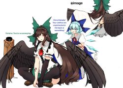  2girls absurdres black_gloves black_thighhighs blue_eyes blue_hair bow brown_hair cirno commentary_request cosmos_0131 elbow_gloves english_text feathered_wings gloves green_bow hair_bow highres long_hair multiple_girls red_eyes reiuji_utsuho shirt single_glove thigh-highs touhou very_long_hair white_background white_shirt wings 