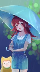  1girl :o absurdres ahoge blue_dress blush breasts buttons collarbone commentary_request cowboy_shot dog dress hair_between_eyes hair_flaps head_tilt highres holding holding_umbrella idolmaster idolmaster_shiny_colors komiya_kaho long_hair looking_at_viewer mamemaru_(shiny_colors) pinafore_dress pinstripe_dress pinstripe_pattern rain red_eyes redhead shiba_inu shirt sidelocks simple_background sleeveless sleeveless_dress small_breasts smile thighs umbrella wakuraba9 white_shirt yellow_raincoat 