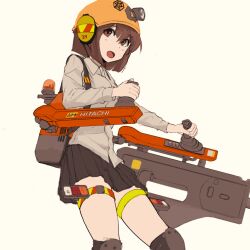  1girl black_skirt bob_cut brown_eyes brown_hair ch2haya_p cowboy_shot dot_nose dress_shirt ear_protection eyelashes hagiwara_yukiho hard_hat helmet idolmaster idolmaster_(classic) idolmaster_million_live! idolmaster_million_live!_theater_days inverted_bob knee_pads long_sleeves looking_to_the_side miniskirt open_mouth pleated_skirt power_tool shirt short_hair sketch skirt solo thigh_strap unfinished white_background white_shirt wing_collar 