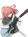  1girl absurdres black_shirt blush bocchi_the_rock! closed_mouth commentary_request cowboy_shot electric_guitar guitar highres instrument kita_ikuyo long_hair music playing_instrument redhead shirt simple_background solo standing t-shirt ukitaryu white_background yellow_eyes 