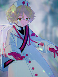  1girl :| absurdres blonde_hair braid bright_pupils buttons closed_mouth coat film_grain gloves hair_between_eyes hat highres long_sleeves name_tag nurse nurse_cap nurse_robot_type_t orange_eyes red_gloves sahanji short_hair solo two-tone_gloves utau white_coat white_gloves white_hat white_pupils 