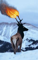  animal animal_focus antlers black_fur blank_eyes brown_fur burning clouds cloudy_sky dappermouth deer fiery_horns fire grey_sky highres horns horror_(theme) mountain mountainous_horizon nature no_humans orange_eyes original outdoors plant realistic scenery sky smoke snow standing surreal winter 