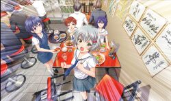  4girls 6+boys apron asahina_iroha black_footwear blue_apron blue_hair bow bowl braid brown_cardigan cardigan chair char-siu chinese_food chopsticks cinderella_series clenched_hands cup dark_blue_hair drinking_glass egg_(food) emphasis_lines food from_above game_cg hachigatsu_no_cinderella_nine hair_between_eyes hair_bow hair_ornament hairclip highres holding holding_bowl holding_chopsticks holding_tray indoors kondou_saki loafers long_hair low_twin_braids menma multiple_boys multiple_girls no_eyewear non-web_source noodles official_art on_chair open_cardigan open_clothes open_mouth ramen red_bow rice sakagami_mei shoes short_hair signature sitting socks standing sweat tile_floor tiles tray twin_braids v-shaped_eyebrows violet_eyes white_hair white_socks yellow_eyes 