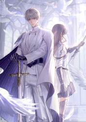  absurdres belt bird black_gloves blurry boots brooch brown_hair cape closed_mouth day dress expressionless falling_feathers feathers gloves grey_hair highres holding holding_sword holding_weapon indoors jewelry lips long_hair looking_at_viewer love_and_deepspace pants protagonist_(love_and_deepspace) pupu_yuanwei_pu_pu short_hair sparkle standing sunlight sword thigh-highs two-sided_cape two-sided_fabric weapon weibo_logo weibo_watermark white_bird white_cape white_dress white_pants xavier_(love_and_deepspace) 