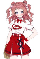  1girl absurdres baseball_mitt baseball_uniform belt belted_skirt blue_eyes blush bow bowtie breasts brown_hair chobi_(penguin_paradise) cowboy_shot cross-laced_clothes cross-laced_skirt eyelashes gakuen_idolmaster hair_ribbon hanami_saki hand_on_own_hip highres idolmaster long_hair looking_at_viewer medium_breasts print_shirt red_belt red_bow red_bowtie red_skirt red_wristband ribbon shirt short_sleeves sidelocks skirt smile solo sportswear thighs twintails white_background white_ribbon white_shirt 