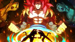  3boys abs absurdres black_hair blue_eyes clenched_hands commentary dragon_ball dragon_ball_gt easterhands english_commentary fusion_dance gogeta grin highres long_hair male_focus metamoran_vest monkey_boy monkey_tail multiple_boys multiple_views muscular muscular_male open_mouth pectorals red_fur redhead silhouette smile son_goku spiky_hair super_saiyan super_saiyan_4 tail vegeta wristband yellow_eyes 