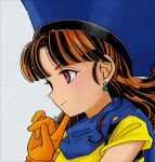  1girl alena_(dq4) blue_cape brown_eyes brown_hair cape close-up dragon_quest dragon_quest_iv dress earrings gloves hat highres jewelry long_hair looking_to_the_side okita_(sukult_4) orange_gloves profile smile solo yellow_dress 