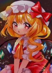  1girl ascot blonde_hair blush bow breasts brown_background collared_shirt commentary crystal dress fang flandre_scarlet hair_between_eyes hat hat_bow highres jewelry looking_at_viewer medium_breasts mob_cap moni_monico multicolored_wings one_side_up open_mouth puffy_short_sleeves puffy_sleeves red_bow red_dress red_eyes seiza shirt short_hair short_sleeves simple_background sitting solo symbol-only_commentary tongue touhou white_hat white_shirt wings yellow_ascot 