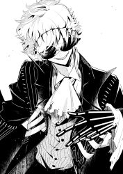  1boy bat_wings bishounen black_crown black_gloves crown dress_shirt formal gloves highres jack_skellington jacket long_sleeves male_focus monochrome pinstripe_pattern pinstripe_suit ribs round_eyewear shirt short_hair simple_background skeleton smile smirk solo soranoao stitches striped_clothes striped_jacket suit sunglasses the_nightmare_before_christmas twisted_wonderland white_hair wings 