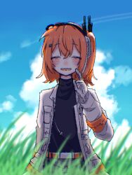  1girl a.i._voice adachi_rei azunishi_(azns_0) belt black_shirt blurry blurry_foreground blush closed_eyes clouds day drawstring facing_viewer gloves grass hand_up highres index_finger_raised jacket long_sleeves medium_hair one_side_up open_clothes open_jacket orange_belt orange_hair outdoors parted_lips radio_antenna shirt solo straight-on turtleneck upper_body utau white_gloves white_jacket 