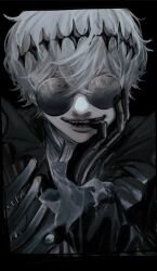 1boy bishounen black_crown black_gloves crown finger_in_own_mouth formal gloves halloween highres jack_skellington jacket long_sleeves looking_at_viewer male_focus neu_1109 pinstripe_pattern pinstripe_suit round_eyewear short_hair simple_background skeleton skeleton_print smile smirk solo stitches striped_clothes striped_jacket suit sunglasses the_nightmare_before_christmas twisted_wonderland white_hair 