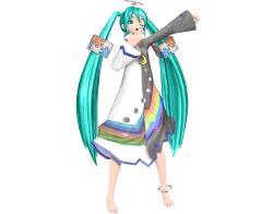  1girl 3d absurdres arm_up barefoot blue_eyes full_body green_hair hatsune_miku highres long_hair one_eye_closed open_mouth project_diva_(series) project_diva_future_tone_dx skirt third-party_edit third-party_source twintails vocaloid 