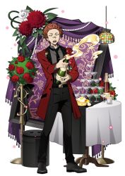  1boy alcohol bandaid bandaid_on_face bandaid_on_nose black_necktie bottle brown_hair bungou_stray_dogs cup drinking_glass flower food formal full_body grey_shirt holding holding_bottle jacket long_sleeves male_focus necktie official_art open_mouth pants red_flower red_rose rose shirt shoes short_hair solo surprised sweatdrop table tachihara_michizou_(bungou_stray_dogs) teeth third-party_source transparent_background upper_teeth_only white_flower white_rose wine_bottle 